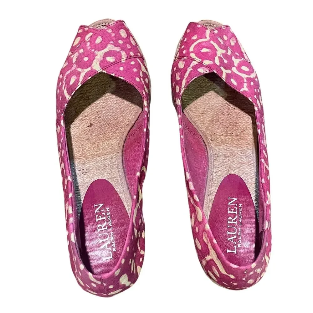 Lauren Ralph Lauren Cecilia Espadrille Peep Toe Wedge, Red/Pink Floral, Size 8